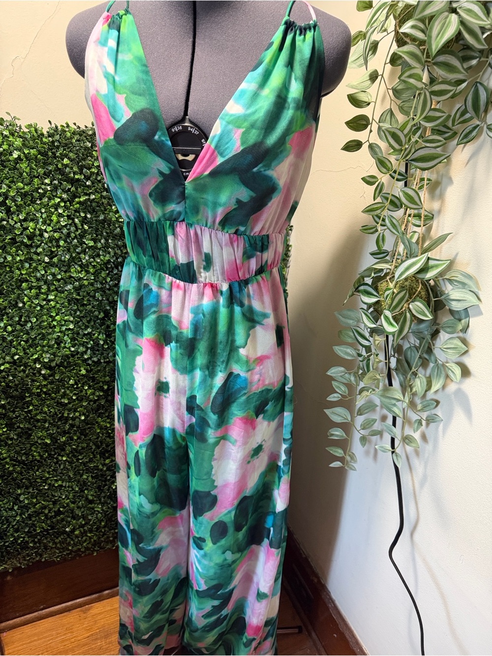 Zara Green and Pink Watercolor Halter Maxi Dress
